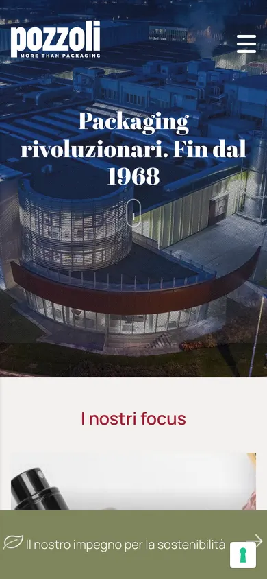 La prima schermata della home di oggi sul telefono: la sede di notte e «Packaging rivoluzionari. Fin dal 1968»